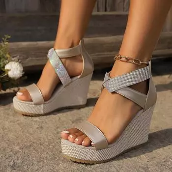 Sandalias De Mujer Verano 2024 Cross Strap Thick Bottom Waterproof Platform Slope Heel Open Toe Sandals Casual Fish Mouth Shoes 35 бежевый