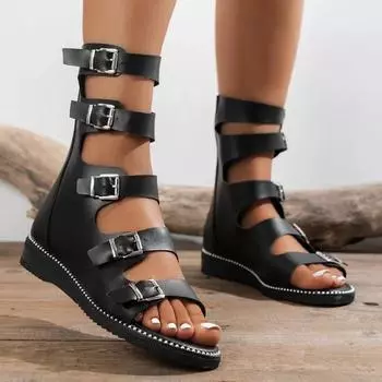 Sandalias De Punta Abierta Para Mujer, Zapatos De Gladiador Planos Con Cremallera Trasera Romana, Informales Para Exteriores, 35