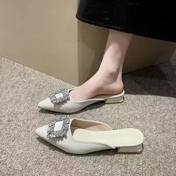 Sandalias de tacn bajo con tiras en la espalda para mujer, zapatos de punta estrecha con Diamantes, Nude, женские туфли на каблуках 2024 года 35 розовый