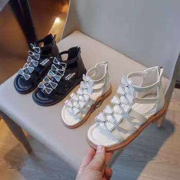 Sandalias Gril Shoes 2024 Лето Новые Детские Римские Туфли Сандалии для Девочек Корейские Открытые Туфли Принцессы Сандалии Бантом Для Девочек 23 insole(14.6cm) бежевый