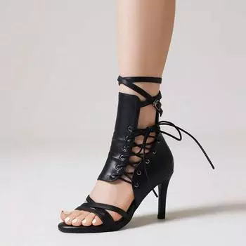 Sandalias Mujer Новые летние короткие ботинки с ажурной шнуровкой, сетчатые, с открытым носком, на тонком каблуке, сандалии для танцевальной вечеринки, женские 35