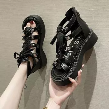 Sandalias Mujer Verano 2024 Весна Толстая подошва Пляжные римские туфли Босоножки на шнуровке Повседневные универсальные женские туфли-лодочки Роскошная обувь 35 чёрный