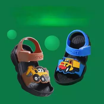 SandaliasМультяшные детские сандалии с мягкой подошвой для мальчиков, пляжная обувь, летние новые нескользящие детские туфли для ходьбы, детская обувь на плоской подошве с изображением динозавра 20-21-insole14cm зелёный