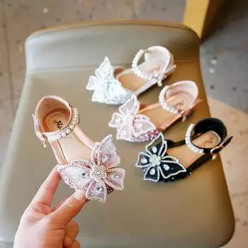 SandaliaSuper Beauty Girl Shoe2024Summer New Bow Princess Shoes Fashion Sandals Soft Sole Dance Shoes Banquet Shoes Casual Kid Shoes 21 insole13.3cm серебряный