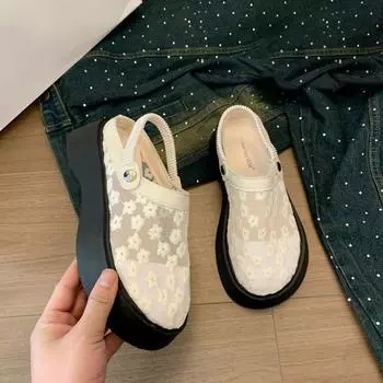 Сандалии Baotou 2024 года, летняя новая дышащая сетчатая толстая подошва, увеличивающая рост, женская обувь, модная и универсальная, повседневная обувь Two on Sandals 35 бежевый