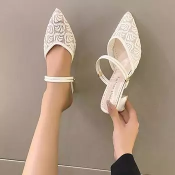 Сандалии Baotou для женщин Летние толстые каблуки, новые каблуки среднего размера для женщин, сандалии в стиле феи для женщин Сетчатая вентиляция 35