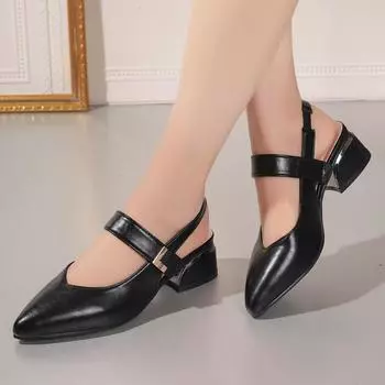 Сандалии Baotou для женщин, новые толстые каблуки, удобные туфли с ремешком сзади, летние элегантные туфли-лодочки с острым носком для офиса и карьеры 34 чёрный