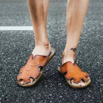 Сандалии Baotou Hole, мужские тапочки, сандалии с мягкой подошвой, пляжная обувь большого размера, размер Half Drag 48 38 leather shoe size