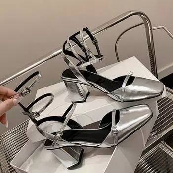 Сандалии Baotou, новые летние сандалии из лакированной кожи с квадратной головкой и неглубоким ртом, с пряжкой в одну линию после пустых туфель Мэри Джейн 34 грязно-белый