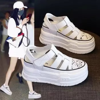 Сандалии Baotou Roman женские летние 2025 года, туфли-кроссовки с толстой подошвой, дышащие, полые внутри, увеличивающие рост, белые туфли 35