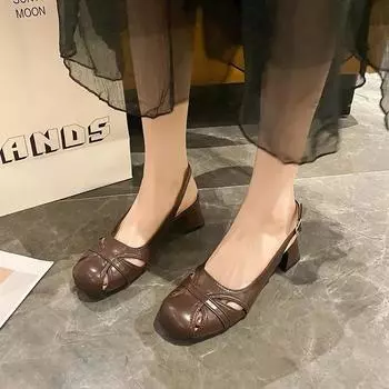 Сандалии Baotou в стиле французской феи, женские, весна/лето, новые, с круглым носком, с выемкой, пряжкой, на среднем толстом каблуке, модная женская обувь 34 бежевый