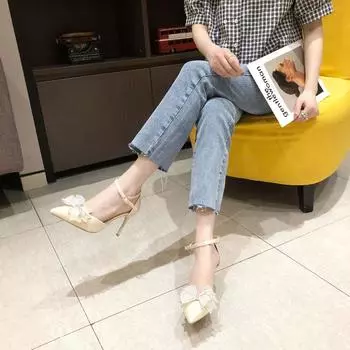 Сандалии Baotou женские летние 2024 года, новые туфли с заостренным носком и открытым носком, французские маленькие ароматные сетчатые туфли на высоком каблуке 34