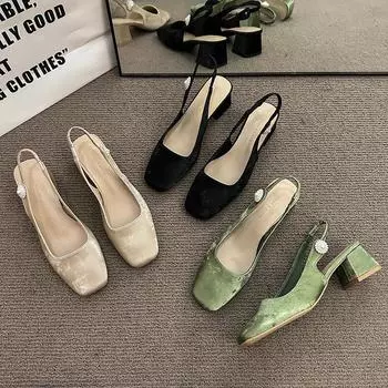 Сандалии Baotou женские летние на толстом каблуке среднего каблука туфли Мэри Джейн телесного цвета на высоком каблуке модные и удобные 35 чёрный