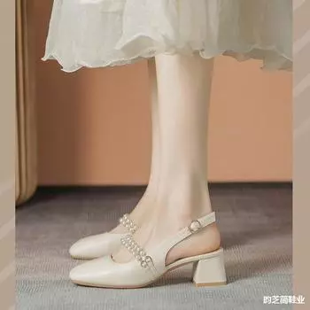 Сандалии Baotou женские сандалии жемчужные толстые с Мэри Джейн летние новые мягкие подошвы с одним словом ремень высокие каблуки 34