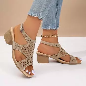 Сандалии больших размеров, летние туфли с полым рыбьим ртом, стразы, пряжка в виде одного слова, римские сандалии на толстом каблуке, средний каблук, модная женская дышащая обувь 35