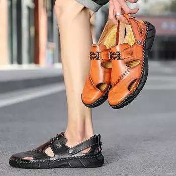 Сандалии больших размеров, мужские летние, мужская пляжная обувь, мужские сандалии из натуральной кожи для отдыха, молодежные, модные, универсальные 38 чёрный