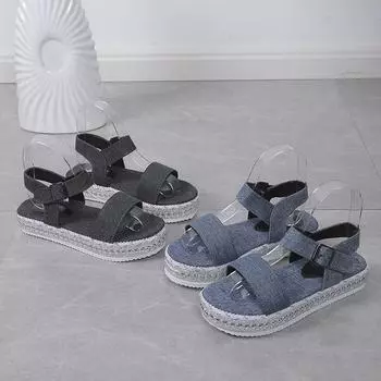 Сандалии большого размера для женщин, лето 2025 года, новые европейские и американские сандалии на круглой платформе с модными пряжками 36 синий