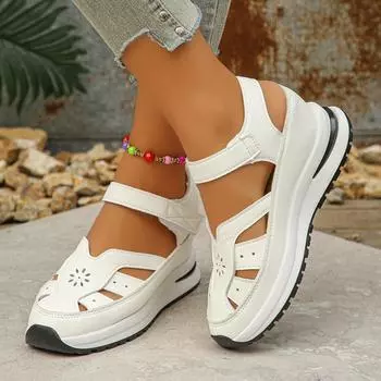 Сандалии большого размера для женщин Весна 2025 с ажурной толстой подошвой на липучке Женская обувь 35 белый