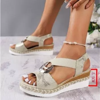 Сандалии большого размера, металлическая пряжка, украшение из пеньковой веревки, покатый каблук, легкая подошва, сандалии для женщин в форме рыбьего рта 36 чёрный