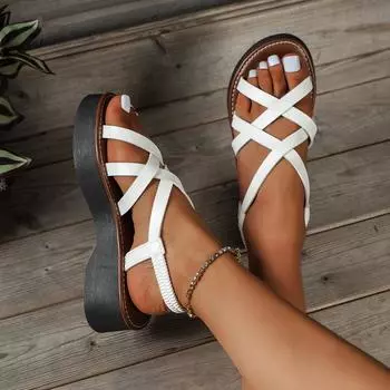Сандалии большого размера на платформе женские летние 2025 года новые европейские и американские модные эластичные чехлы для ног римские сандалии женские импортные 36 белый