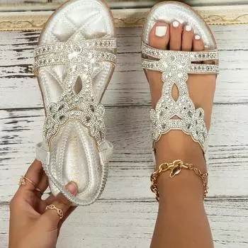 Сандалии большого размера на плоской подошве с отделкой стразами и сандалии с ажурным дизайном 36 серебряный