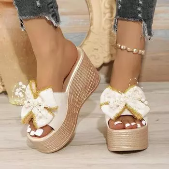 Сандалии большого размера, новые летние босоножки на платформе, на толстой танкетке и высоком каблуке с жемчужным бантом 35 грязно-белый