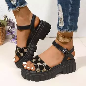 Сандалии большого размера с толстым каблуком и толстой подошвой, водонепроницаемые, 2024, новые модные европейские и американские узоры, односимвольная пряжка с платформой 35