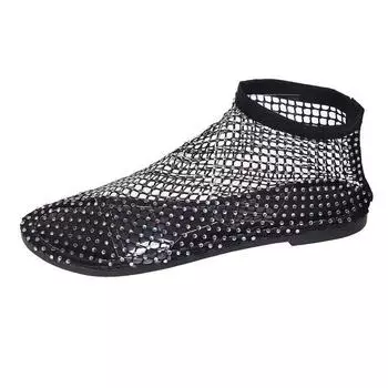 Сандалии большого размера женские 2024 года, популярные носки с сетчатым принтом, полые сандалии на низком каблуке с плоской подошвой для женщин 43 чёрный