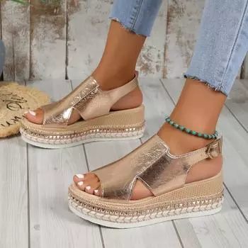 Сандалии большого размера женские с круглым носком и открытым носком с одним словом, пряжкой, ремешком, кексом, толстая подошва, повседневные римские туфли, наклон с 36 золотой