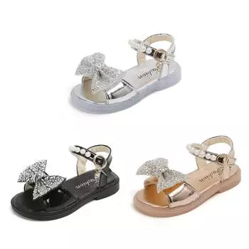 Сандалии для девочек 1–12 лет, пляжная обувь с блестящим бантом и жемчугом, нескользящие сандалии, обувь принцессы, летняя детская обувь с открытым носком 21