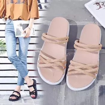 Сандалии для девочек 2025 года, летняя новая универсальная юбка, фея, толстая подошва, мягкая подошва, верхняя одежда, французские тапочки высокого класса на плоской подошве 35 чёрный