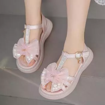 Сандалии для девочек Cute Bear Pearls 2024 Новые простые детские туфли Дышащие детские туфли Мэри Джейн для вечеринок, свадебных шоу Нескользящие 26 синий