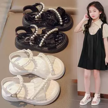 Сандалии для девочек, детская летняя обувь, детские пляжные сандалии с жемчугом, милые нескользящие принцессы с открытым носком, шикарные кружевные сандалии с бисером 23