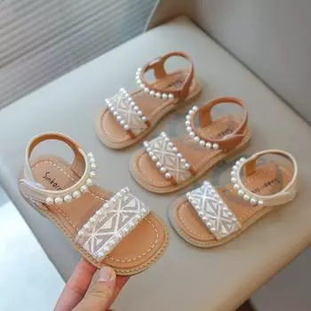 Сандалии для девочек, детская летняя обувь, детские пляжные сандалии с жемчугом, милые нескользящие принцессы с открытым носком, шикарные кружевные сандалии с бисером 23 розовый