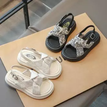 Сандалии для девочек, детские летние пляжные туфли, модные детские римские сандалии с толстой подошвой, нескользящие, универсальные, лето 2024, новинка 26 чёрный