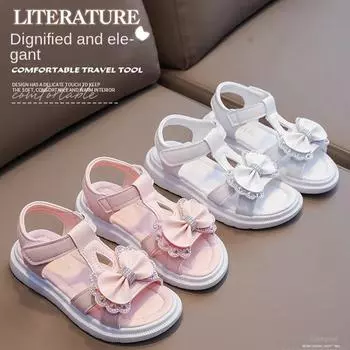 Сандалии для девочек, детские, мягкие подошвы, повседневная обувь для принцесс, новые пляжные туфли с бриллиантами, сандалии для девочек в форме банта 23 белый