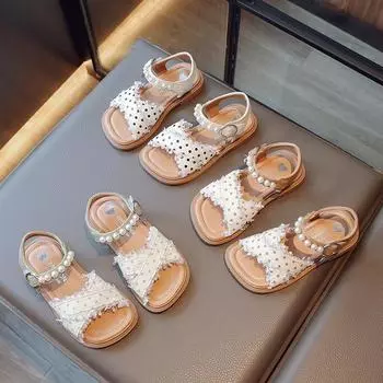 Сандалии для девочек, коллекция 2023 года, летняя стильная детская пляжная обувь в горошек с милым бантом для девочек, детская нескользящая пляжная обувь на мягкой подошве 22 хаки