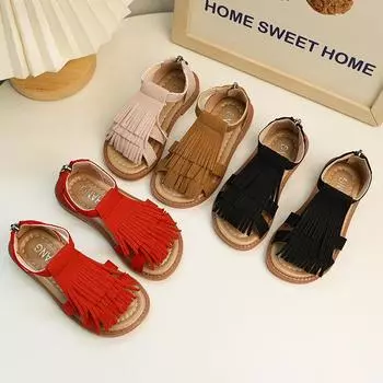 Сандалии для девочек, летние, элегантные, с кисточками, детские, свадебные туфли принцессы, модные, однотонные, детские, универсальные, с открытым носком, повседневные 26 коричневый