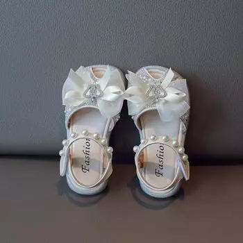 Сандалии для девочек, летние детские, кружевные, с бантом, со стразами, розовые, для танцев, с открытым носком, пляжные сандалии 23 розовый