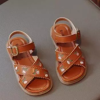 Сандалии для девочек, летние детские сандалии принцессы на плоской подошве в старинном стиле, модная универсальная детская пляжная обувь с открытым носком и цветочной вышивкой 26 бежевый