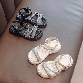 Сандалии для девочек, летние детские туфли на плоской подошве, модные вечерние платья, пляжная обувь, уличные сандалии принцессы со стразами для малышей, универсальные сандалии на мягкой подошве для девочек 23 бежевый