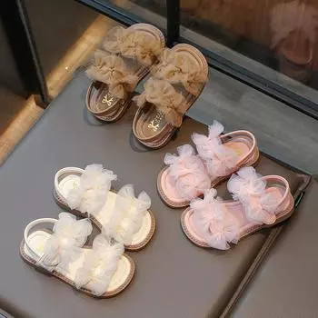 Сандалии для девочек, летние, новые детские сандалии принцессы в повседневном стиле, модные детские сандалии на плоской подошве с открытым носком и кружевным бантом для свадебной вечеринки 23 хаки