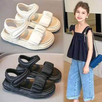 Сандалии для девочек, летние новые детские туфли принцессы, мягкая подошва, модная пляжная обувь в иностранном стиле 26 бежевый