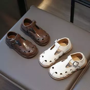 Сандалии для девочек, летние, новые, кожаные, с вырезами, детские, однотонные, плоские туфли, модные, для детей, мальчиков, повседневные, пляжные, школьные сандалии, мягкая подошва 23 коричневый