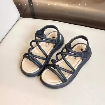 Сандалии для девочек, летние, однотонные, детские, повседневные, сандалии с перекрестными шнурками, модные, детские, с открытым носком, черные, с толстой подошвой, школьные сандалии 26 бежевый