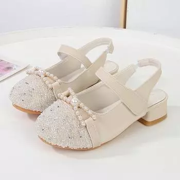 Сандалии для девочек, летние, роскошные, детские, на высоком каблуке, модные, сладкие, жемчужные, детские, принцесса, повседневные, кожаные туфли для вечеринки, свадьбы 26 розовый