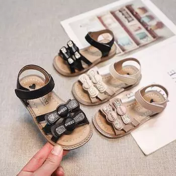 Сандалии для девочек, летние сандалии для малышей, со стразами, с бантом, модные, милые, принцессы, детская пляжная обувь, мягкие, нескользящие, простые 22 бежевый