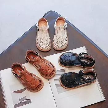 Сандалии для девочек, летние студенческие туфли принцессы с закрытым носком, римские кожаные туфли с закрытым носком 23 белый