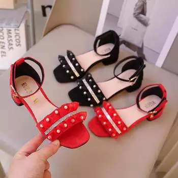 Сандалии для девочек, летняя обувь, милые римские туфли с жемчугом, черные детские модные сандалии с открытым носком с бисером для девочек, детская обувь, шикарная обувь 27 чёрный