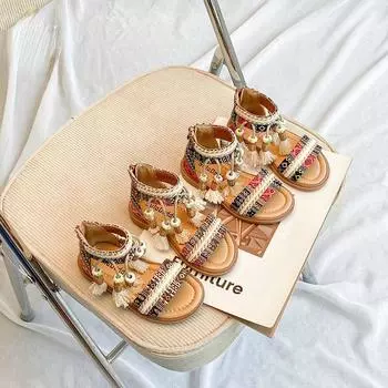 Сандалии для девочек, лето 2023, модная детская обувь принцессы, туфли на мягкой подошве с бахромой 23